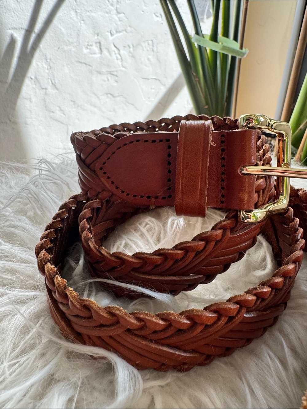 J. Crew Braided Leather Belt in Saddle with Brass Buckle